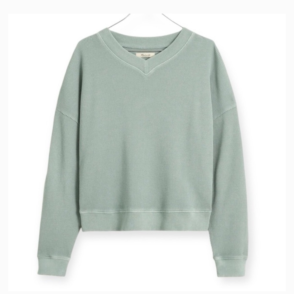 Madewell Waffle Knit Boxy Sweatshirt Tee Sage Green Semi Crop Casual 2023-Large